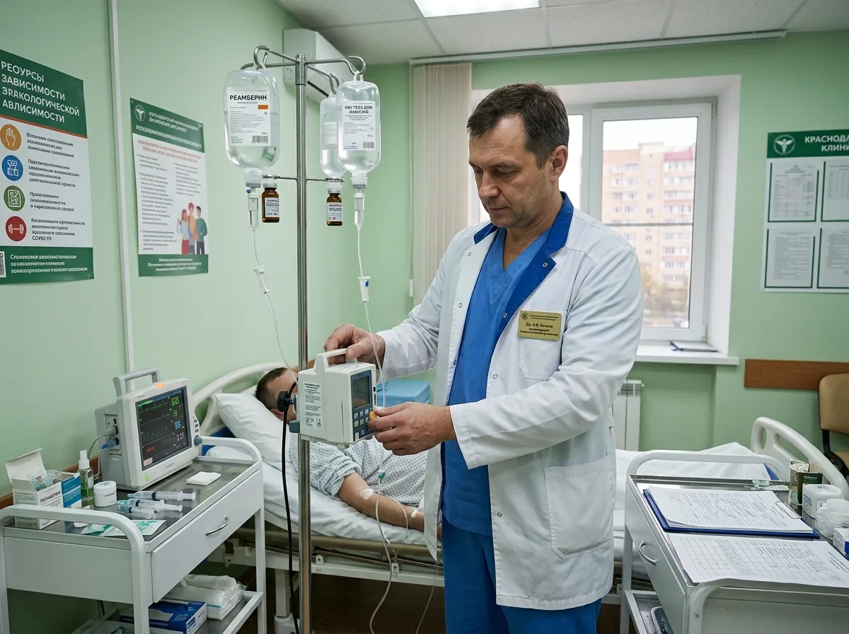 Детоксикационная капельница при передозировке наркотиками, медицинское оборудование, врач наркологической клиники Краснодара
