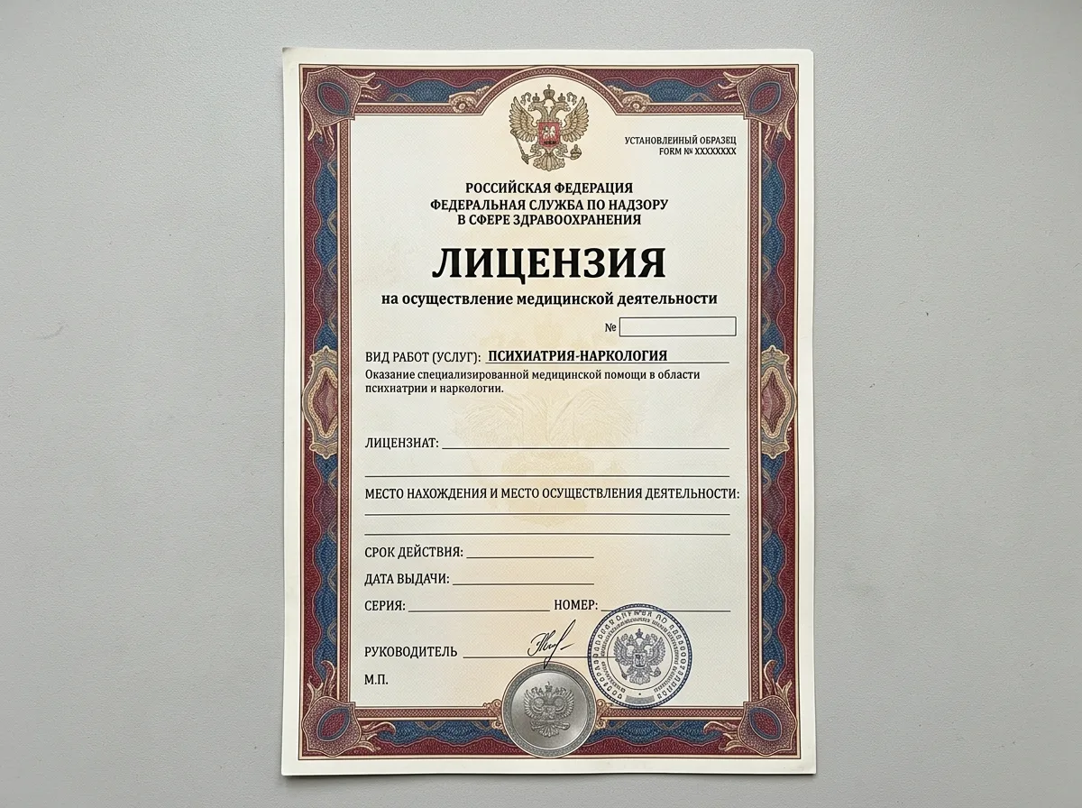 Лицензия Росздравнадзора на осуществление медицинской деятельности, наркология, бланк установленного образца, серый фон