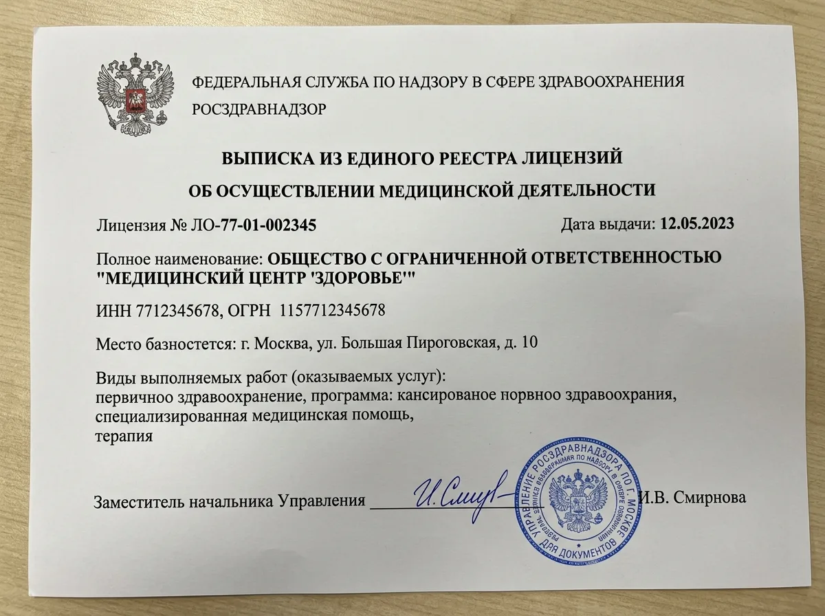 Выписка из реестра лицензий Росздравнадзора, официальный документ с подписью и печатью