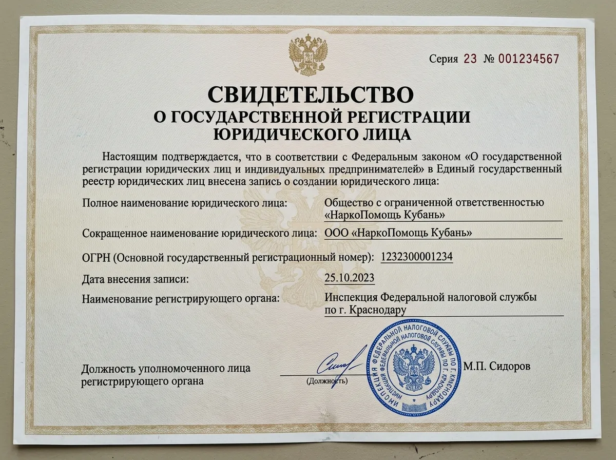 Свидетельство о государственной регистрации ООО НаркоПомощь Кубань, ОГРН, печать ИФНС